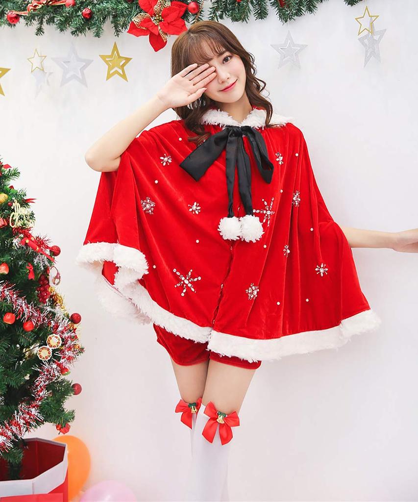 Milky Time 4-Piece Santa Costume Set with Hooded Poncho, Snowflake Print
