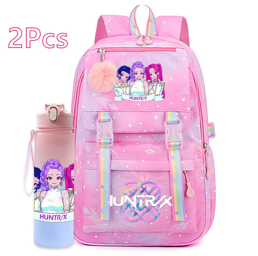 2Pcs/set Cartoon Kpop Printed Backpack with 750Ml Water Bottler for Teenager Girl Boy Bookbag Kid Gift Large Capacity Travel Bag Mochila