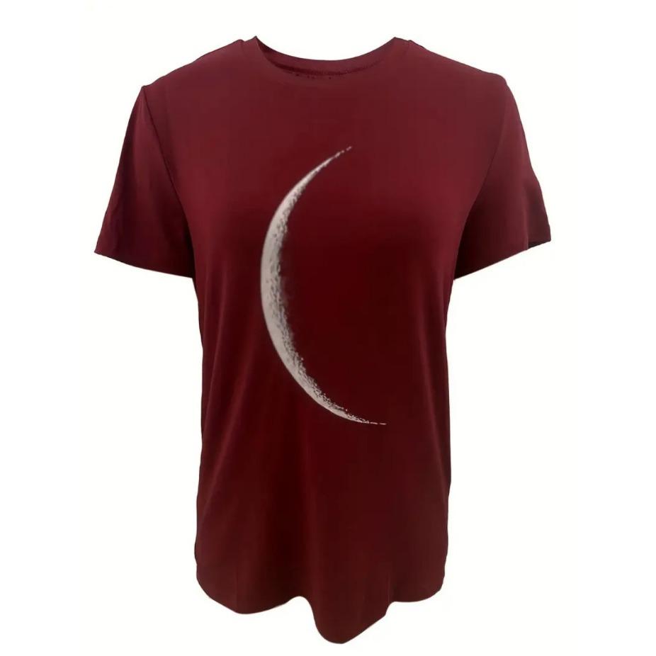 Bending Moon 3D Print Round Neck Short Sleeved T-shirt for Women Tees Breathable Polyester Stretch Comfortable for Everyday