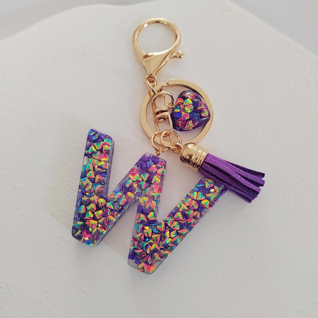 Candy Color Sequin Letter Keychain with Iridescent Heart and Tassel Charm