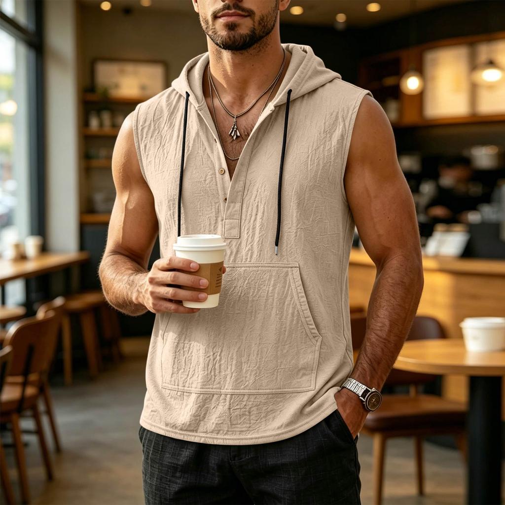 Men's Summer Loose Fit Sleeveless Hoodie Vest Casual Linen Pullover Shirt Lightweight Breathable Beachwear