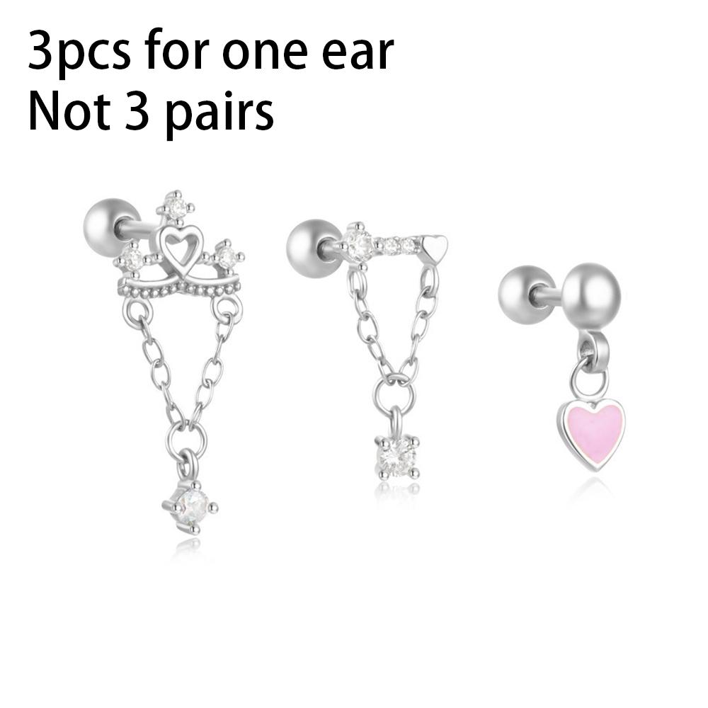 3PCS Stainless Steel Heart-Shaped Dangling Earrings Tassel Chain Screw-Back Stud Earrings Set for Women Jewelry Pendientes