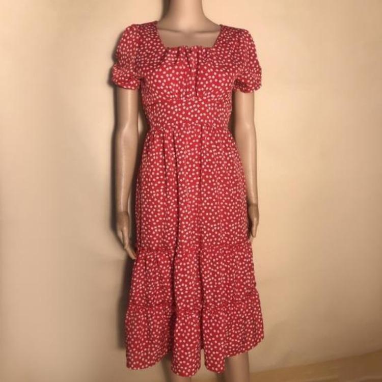 Women Flowy A-line Midi Dress Small Flower Print Patchwork Square Neck Short Bubble Sleeves Pleated Shirring Dating Vacation Dress