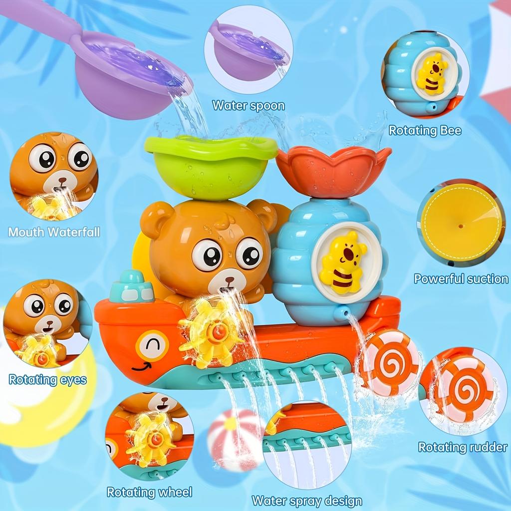 Baby Bath Toy with Two Strong Suction Cups,Kids Bathtub Water Play Bear Boat Toy for Boys and Girls,Ideal Gift for Infants,Toddlers Learning To Shower