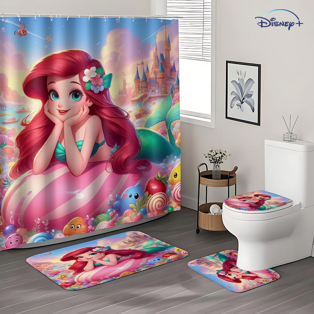 4pcs Spiderman Cartoon pattern decoration set includes shower curtain, non-slip bathroom rug, toilet U-shaped mat, toilet seat