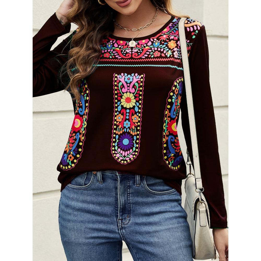 Spring Autumn Women's T-shirt Bohemian Print Long Sleeved T-shirt for Women Nation Print T-shirt Casual Pullover Plus Size Women Clothing