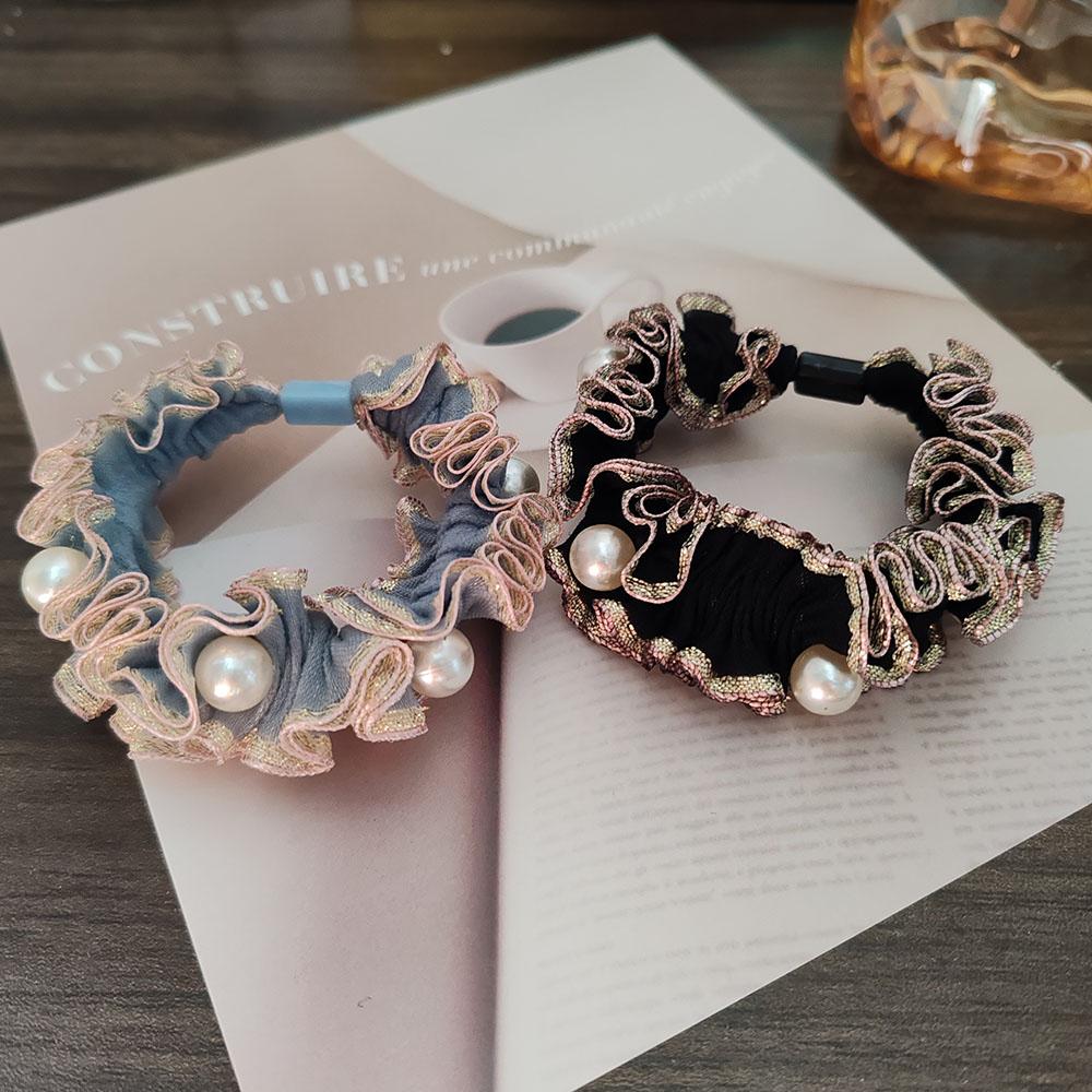 2PC European and American Lace Pearl High Elasticity Hair Ties for Women Girls Ponytail Holder Hair Rings Rope Accessories