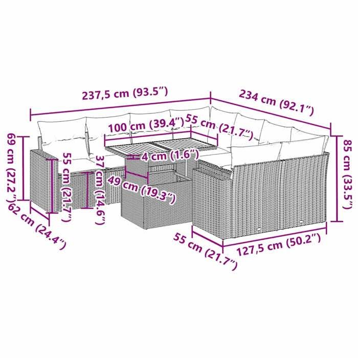 VidaXL Garden Furniture 9 Pcs with Black Wicker Cushions, Outdoor Sofa Set, Garden Lounge Set, Set 3327016