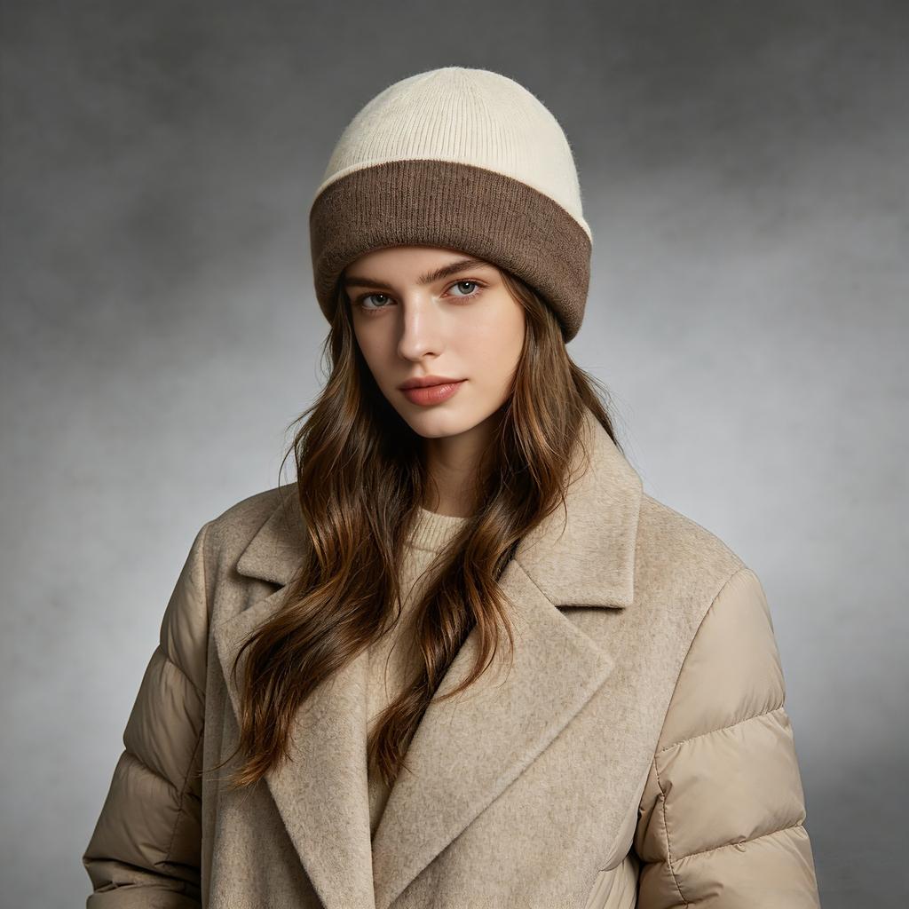 Autumn and winter color matching knitted hats, men's and women's cold hats, face-showing small wool hats, seamless integrated double-layer two-color c