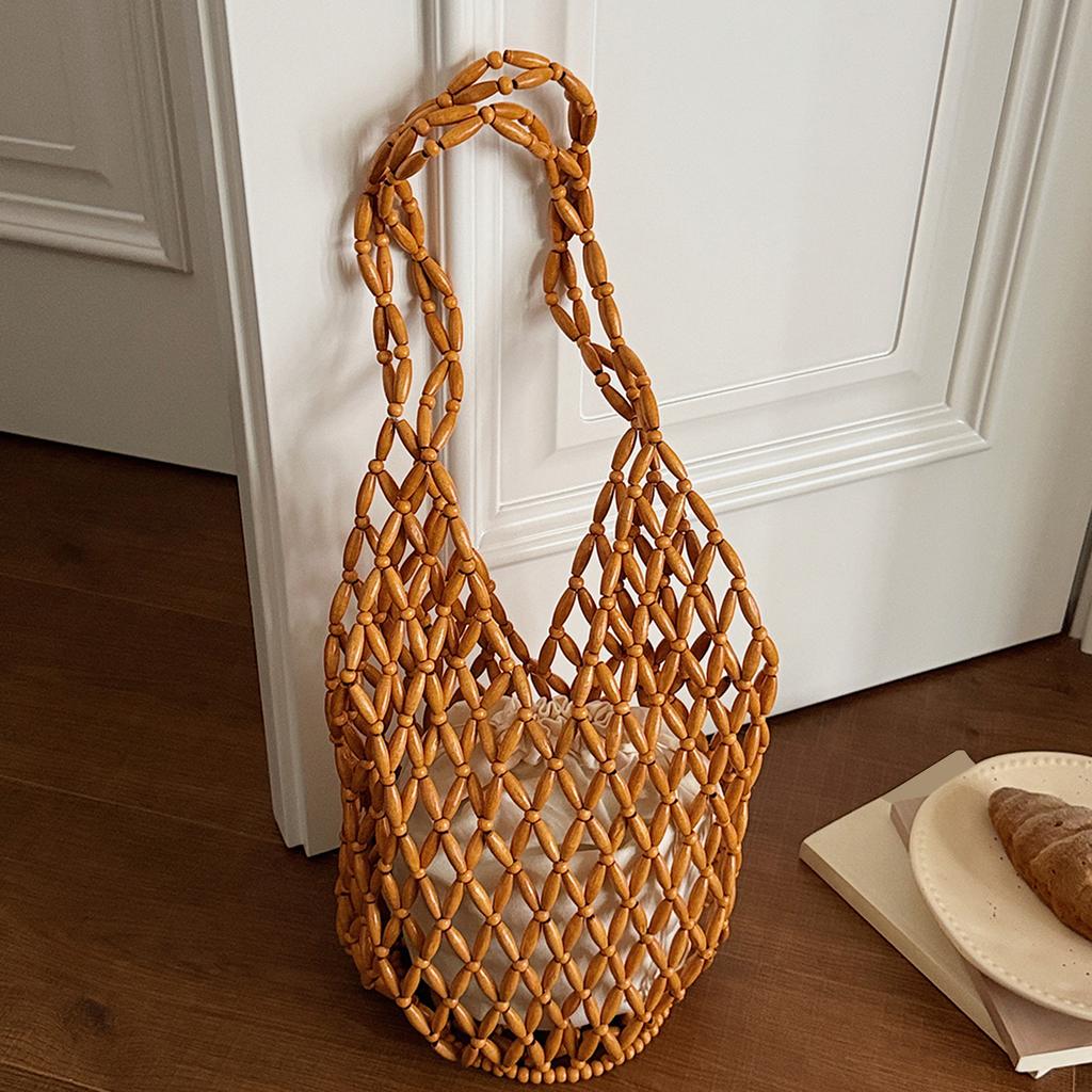Borsa a Spalla Intrecciata con Perline da Donna Borsa a Secchiello da Spiaggia Traforata Grande Capacità Borse da Sotto Braccio Leggere per Viaggio Lavoro Appuntamenti