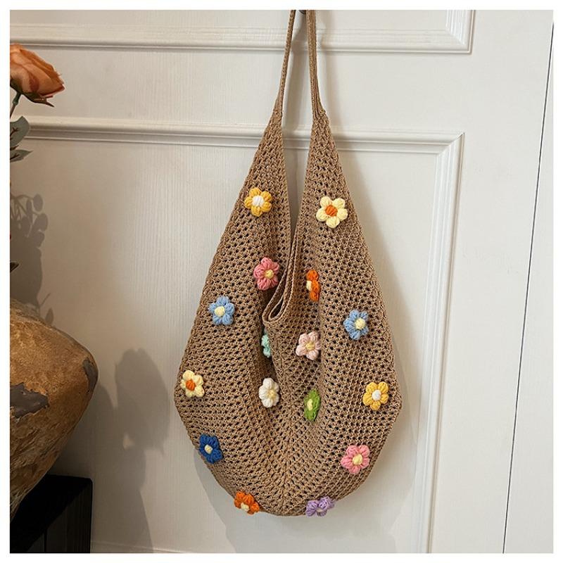 

Новая плетеная вручную сумка женская маленькая свежая повседневная большая вместимость на плечо персонализированная цветочная ажурная сумка хаки