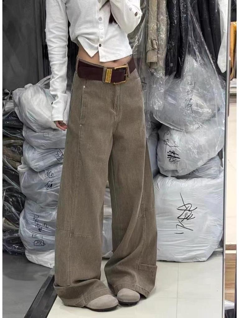 Women's Winter Fashion: American Style Coffee Wide Leg Jeans - Plus Size Pear Shaped Slimming Straight Pants