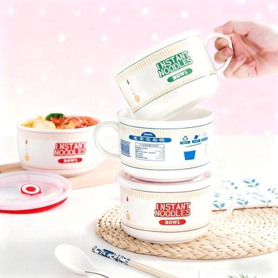 Ceramic Noodle Bowl Soup Bowl with Lid Salad Lunch Box Large Capacity Food Container Office School Dormitory Camping Supplies