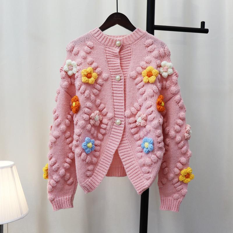 

Осенне-зимний трикотажный кардиган с объемными цветами, мягкий и восковой, женственный, с чувством дизайна, в милом стиле, куртка-свитер, нежный ветер one size fits all розовый