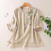 Chinesisches Sommer Baumwolle Leinen Bedruckter Damen Retro Lockerer Rundhals Pullover Kurzarm T-Shirt