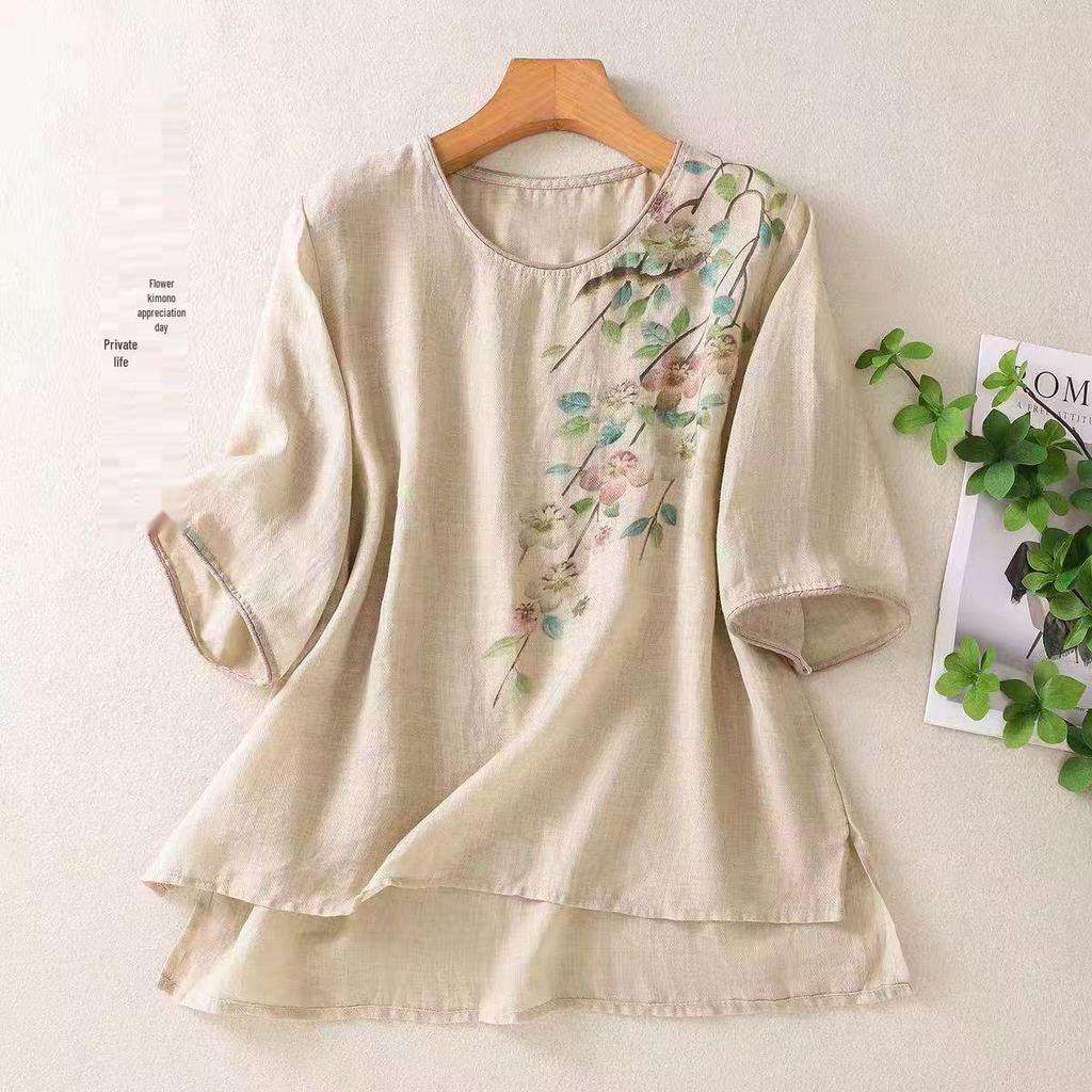 Chinesisches Sommer Baumwolle Leinen Bedruckter Damen Retro Lockerer Rundhals Pullover Kurzarm T-Shirt