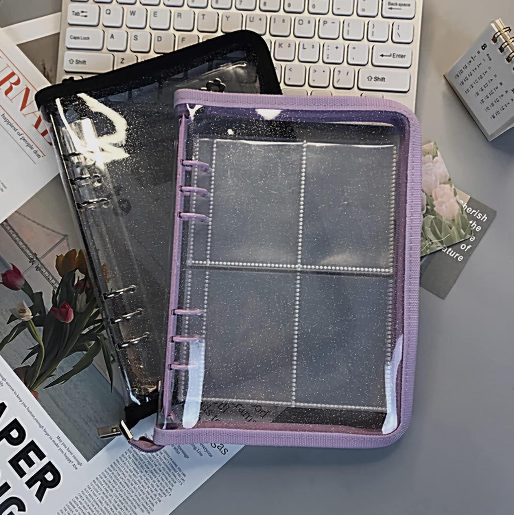 A5 A6 Clear File Binder Holder Mini Bromide Case System Notebook Refill with Glitter Korea Deco with Zipper [Donalee] 6-Hole (A5, Blue)