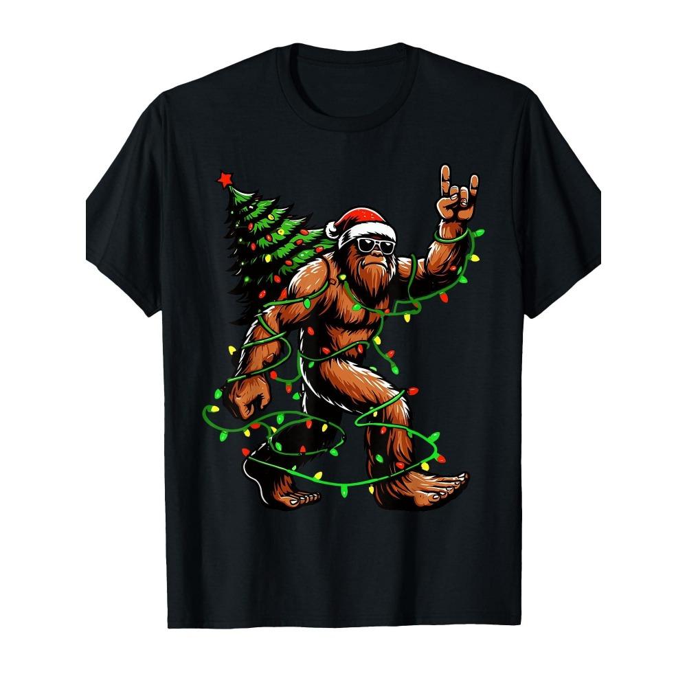 Crew Neck Short Sleeve Casual T-Shirt Santa Claus Christmas Tree Christmas Lights Fun Bigfoot T-Shirt Christmas S