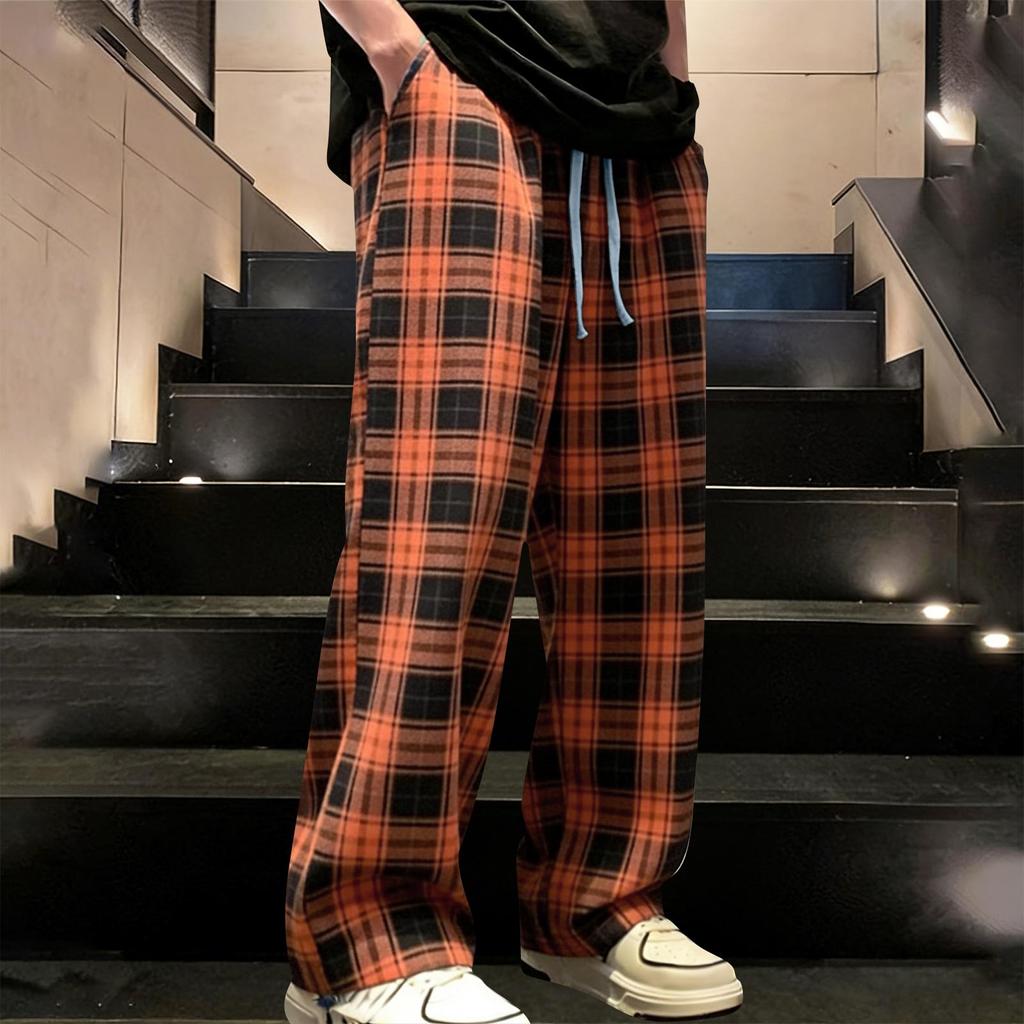 Men's Loose Comfortable Casual Fashion Tartan Print Wide Leg Pants With Drawstring
