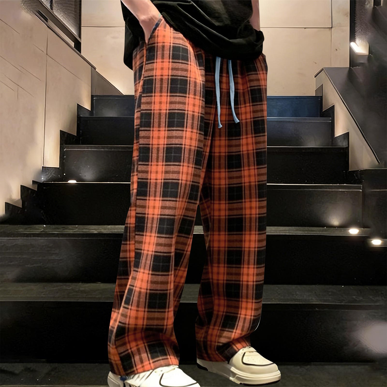 

Мужские свободные удобные повседневные модные клетчатые брюки с широкими штанинами и кулиской S оранжевый