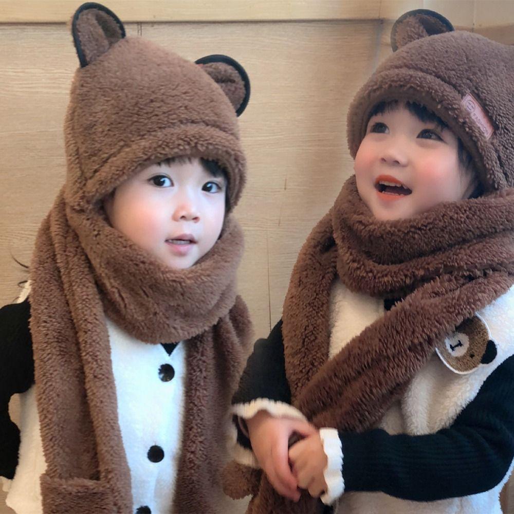 Soft Warm One-Piece Hats Scarf Gloves Plush Ear Protection Hats Lovely Baby Bear Ears Hat Kids