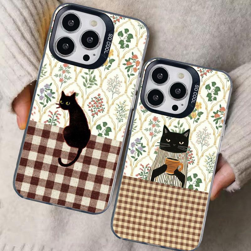 Striped Coffee Cat Laser Phone Case For iPhone 17 16 Pro Max 15 14 Pro Max Plus 13 Mini 12 11 Pro Max Shockproof Black Covers