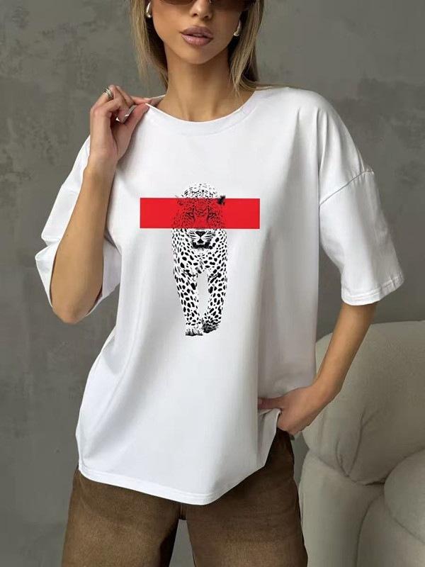 Summer new, American retro leopard print short-sleeved T-shirt women s loose oversize lazy style versatile S