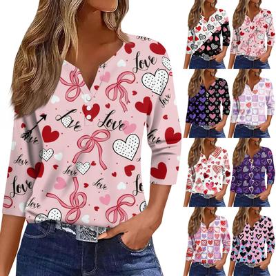 Women's Fashion Button-Up V-Neck Three-Quarter Sleeve Valentine's Day Print Top