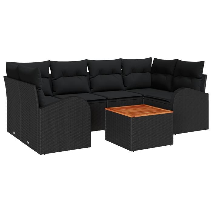 Ensemble de Canapés de Jardin 7 Pièces avec Coussins Noir Rattan Poly Acacia, Canapé de Jardin 2 Places avec Rangement &amp; 3356203