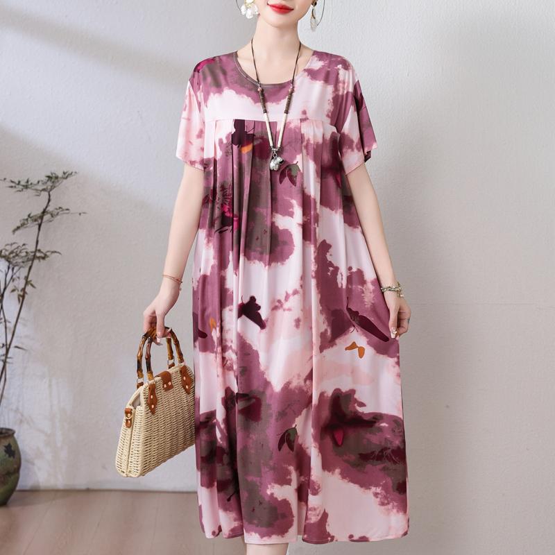 Plus Size Loose Vintage Print Langes Kleid für Damen Lässige Kurzarm-Sommer-Damenkleider