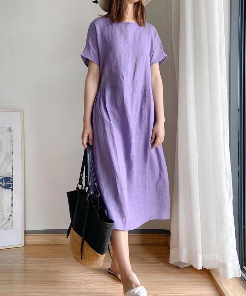 Solid Body L Summer Summer Not Everyday Private Room Short Relaxed Purple [Luxe Relax] Loose, Linen-like Dress, Color, Simple, Covering, Mid-length