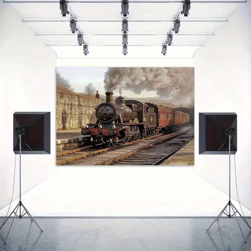 2D Nostalgic Steam Engine Backdrop Vintage Train Station Studio Photography Background