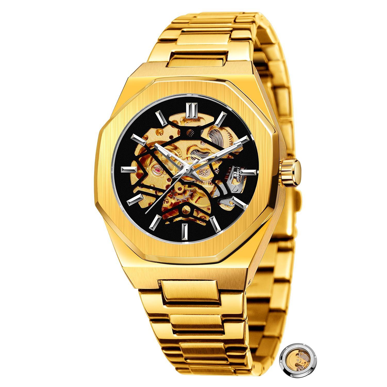 

Мужские часы Forsining из черного золота со скелетоном, роскошные деловые автоматические механические часы с ремешком из нержавеющей стали, светящийся золотой