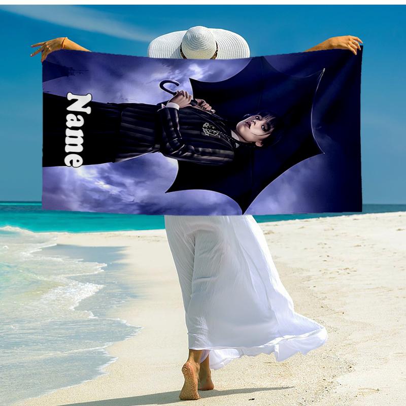 Custom Name Ultra-Soft Beach Towel with Wednesday Theme,Ideal for Pool - Camping, Diving - Perfect Travel Essential, Vibrant Beach Towel.