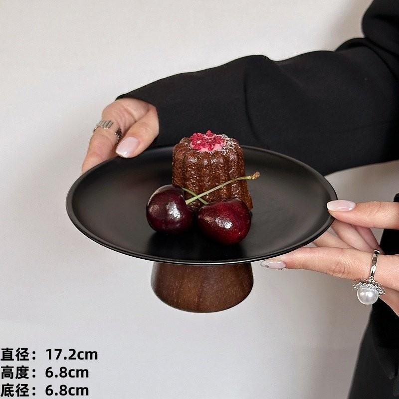 French Style Stainless Steel Fruit Platter with Walnut Wood Stand, Tiered Serving Tray for Candy Dessert, Home Tea Party