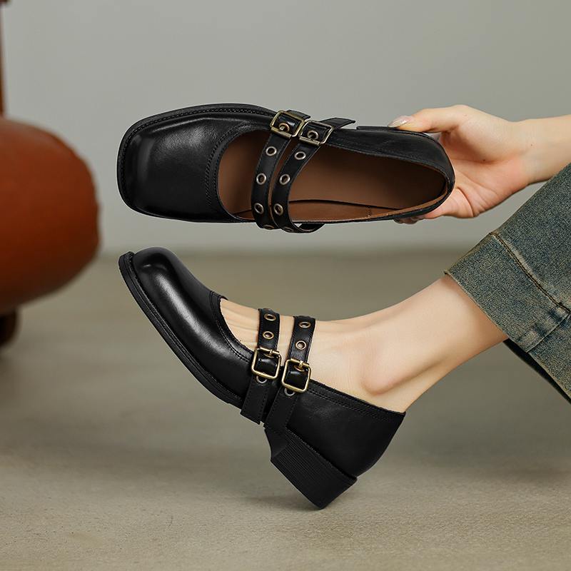Krazing Pot Cow Skin Spring Summer Size 40 Loafers Thick Med Heels Metal Buckle Women Round Toe Leisure Pumps