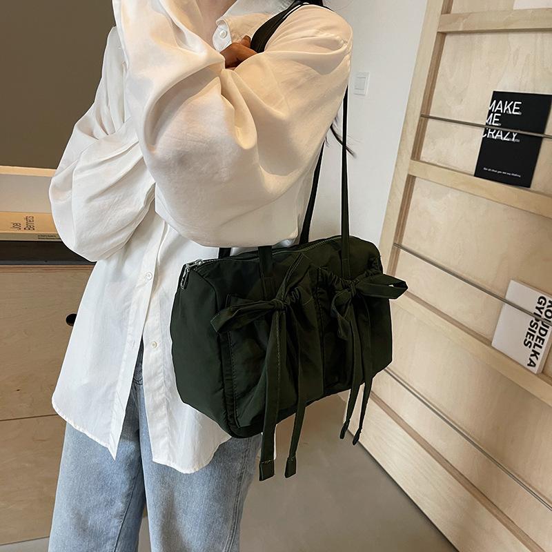 Casual Bow Design Nyl Shoulder Bags for Women Commute Lightweight Large Capacity Ladies Tote Candy Color Female Handbags