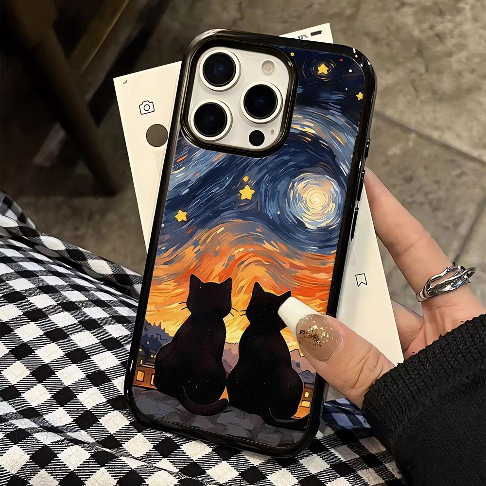 Oil Painting Black Cat  Hard Case For Iphone 17 16 15 14 13 12 11 Pro Max Air Protective Shockproof Coque Phone Cover