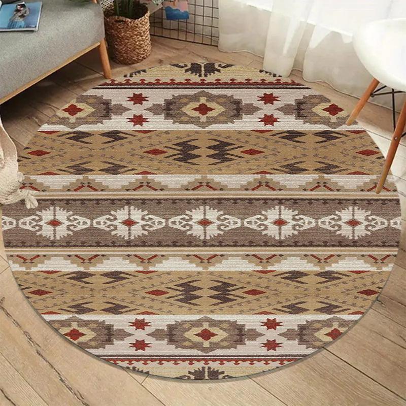 

Geometric Greek Round Carpet Distressed Aztec Pattern Rug for Living Room Bedroom Soft Floor Mat Modern Tribal Home Decoration 80cm x 80cm