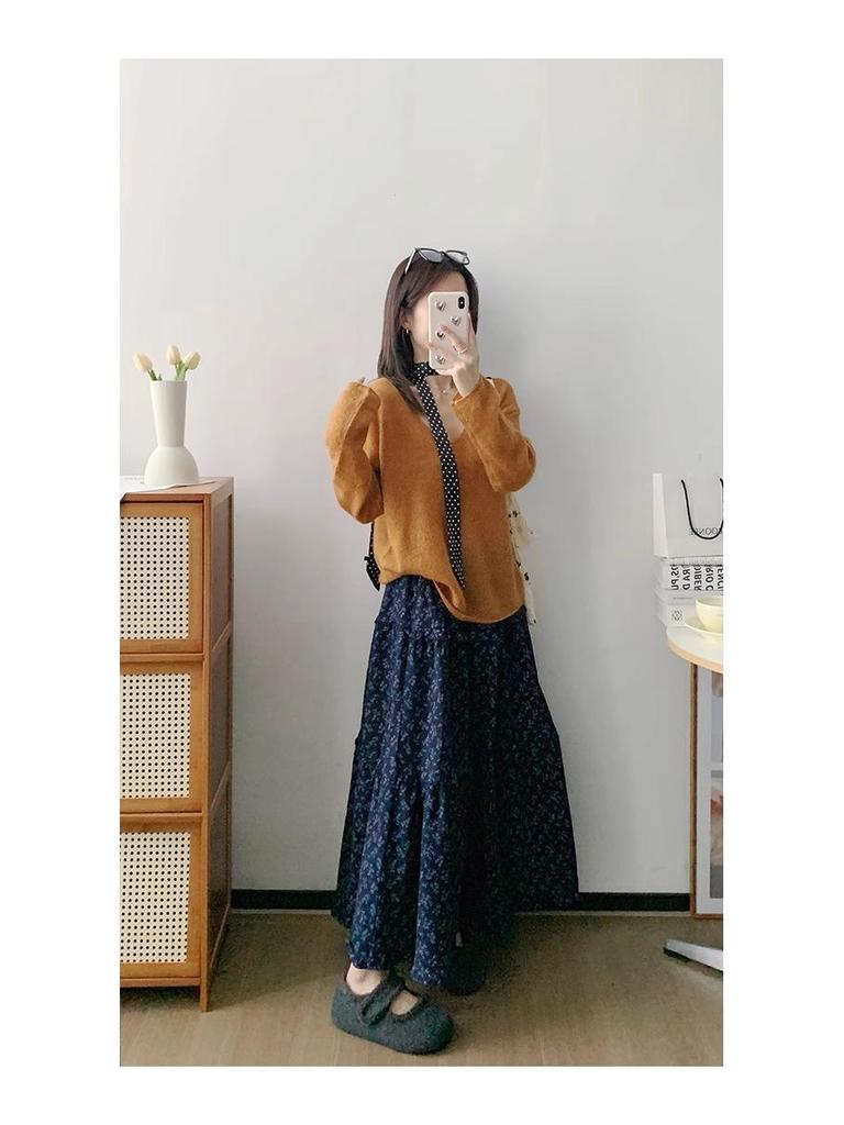 Purple Floral Mori-kei High-Waist A-line Pleated Skirt for Women - Autumn/Winter