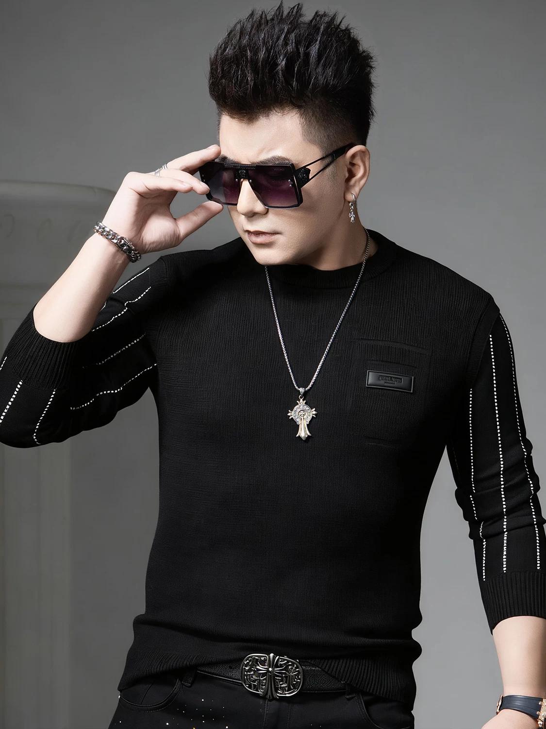 

European-Style Round-Neck Sweater for Men, Autumn/Winter 2025 New Trendy Brand with Pocket Decoration, Pullover Long-Sleeve Knit Base Shirt L чёрный
