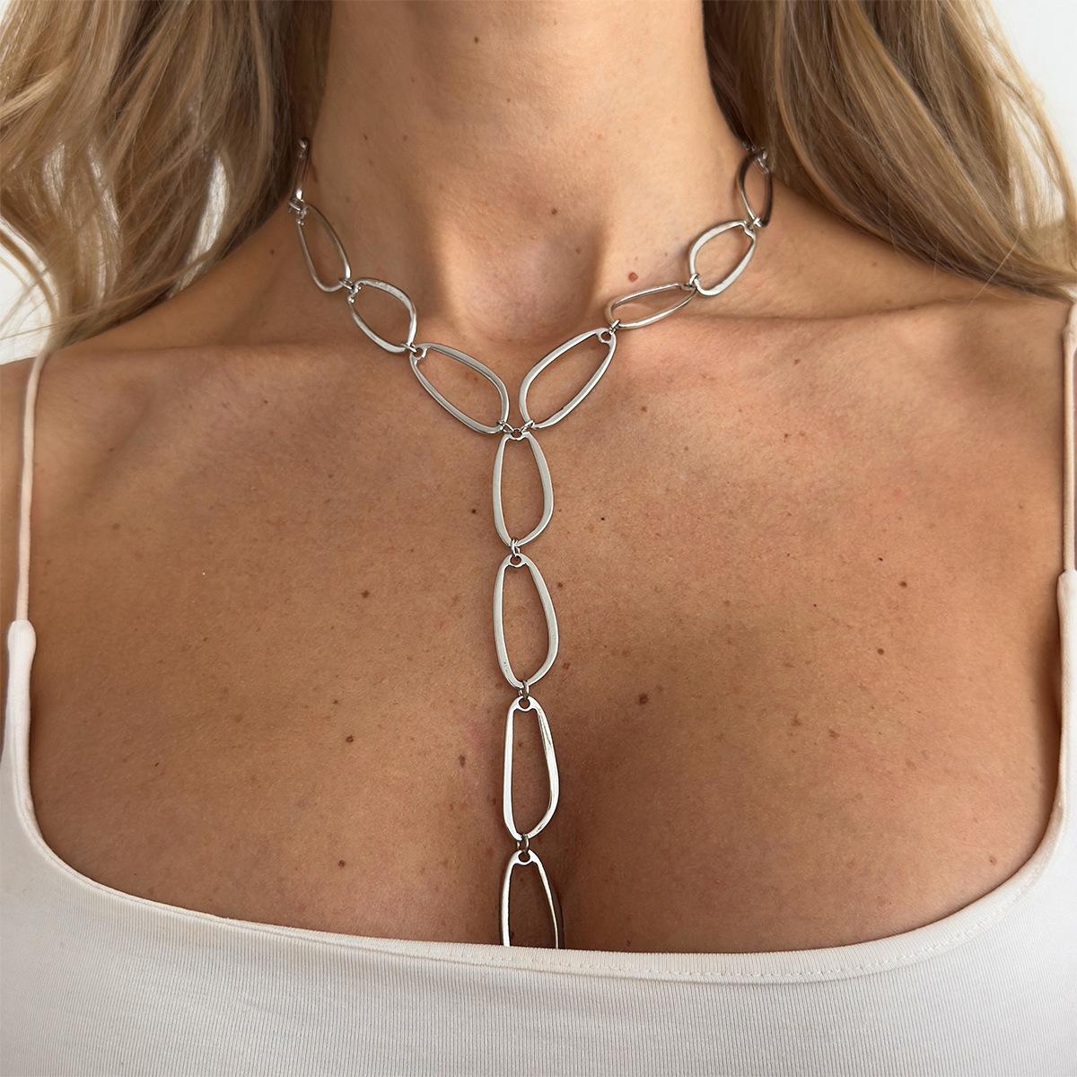 

Punk Style Metal Oval Splicing Y-Shaped Necklace, Fashionable Geometric Hollow Stacked Wearing Long Neckline Women
