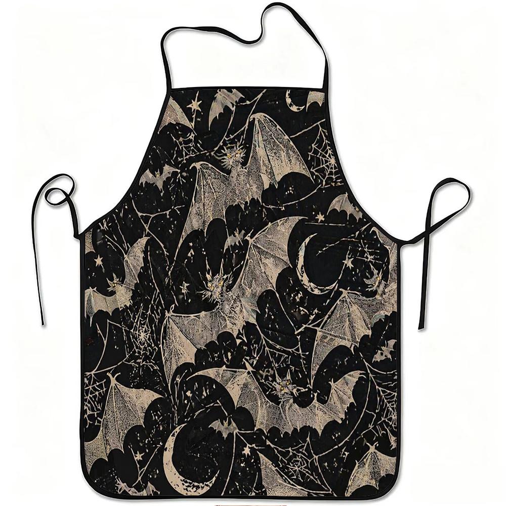 1pc Retro Bat & Spider Web Apron with Bat Moon Print - Adjustable Waistband, Durable Easy-Clean Polyester Suitable for Kitchen Cooking, Gardening, Orc