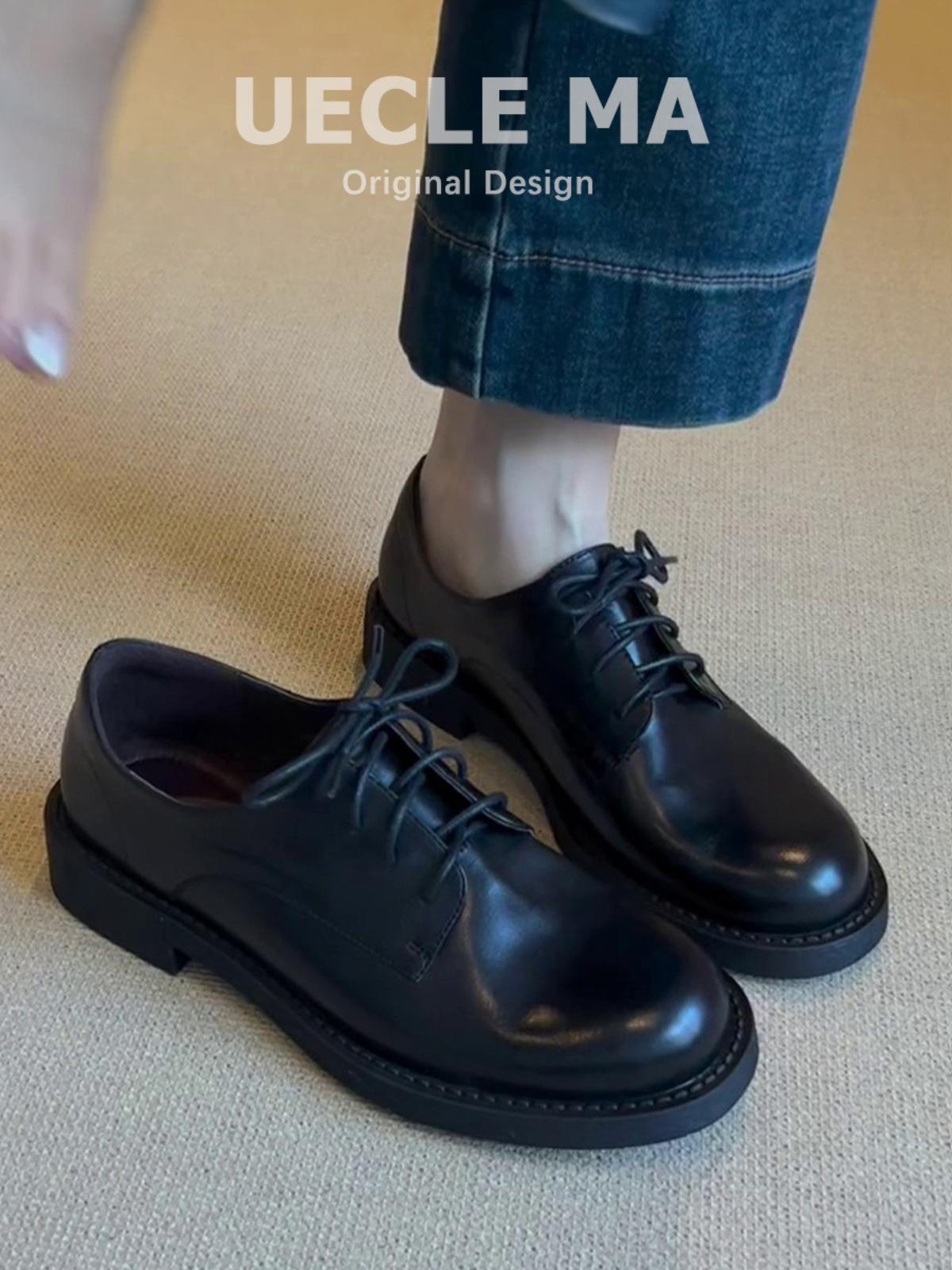 

Версия из коровьей кожи~ женские туфли на маленьком каблуке в британском стиле 2025 весна-осень новые универсальные лоферы на мягкой подошве ретро на шнуровке одинарные туфли 40