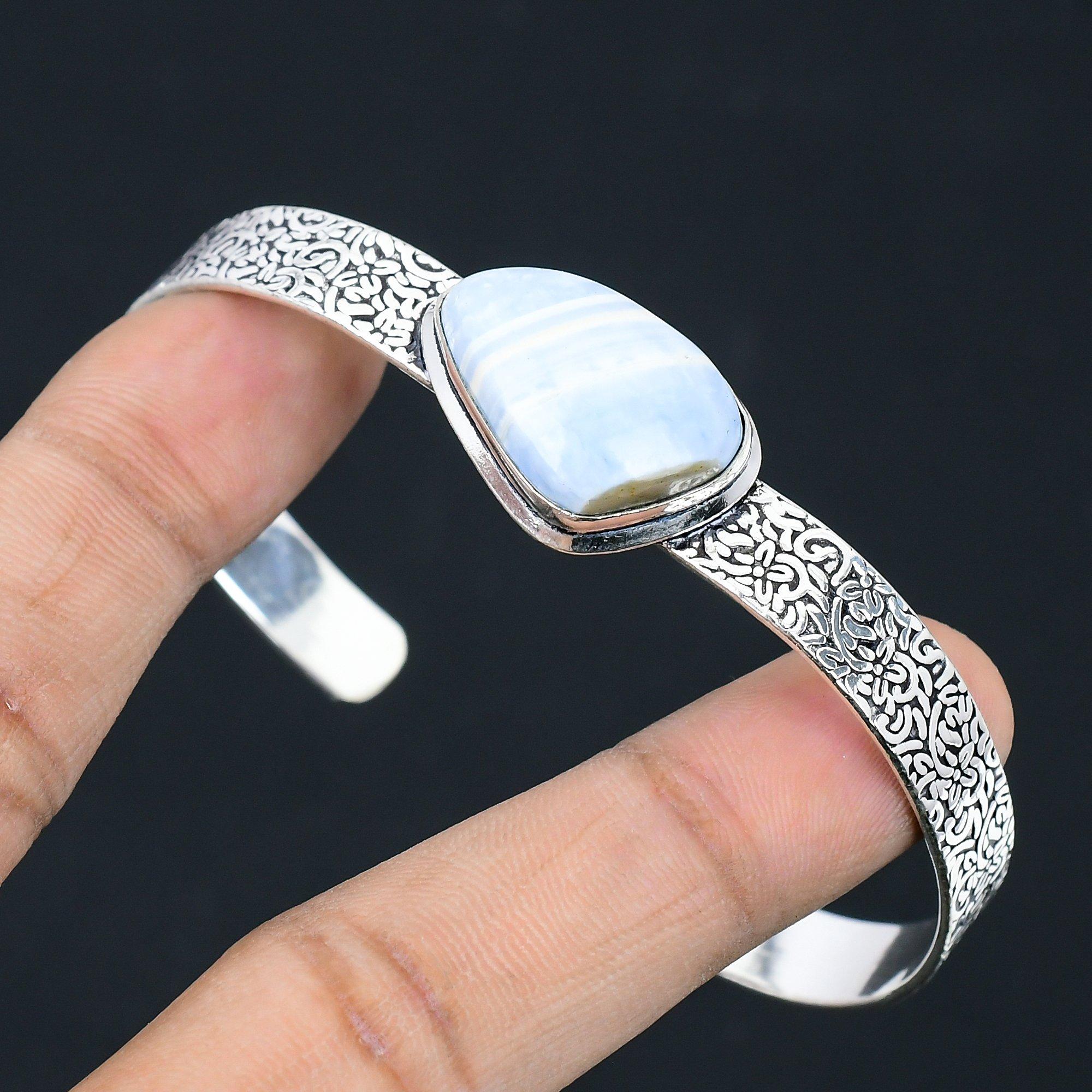 

Daughters Day Sale 925 Silver Trillion Owyhee Blue Opal Gemstone Wife New Bangle Adjustable