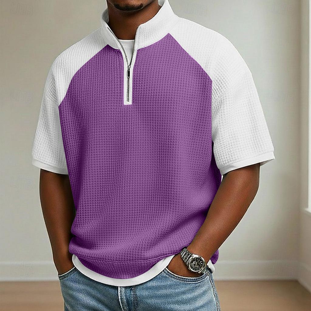 Men's Stand Collar Half Zipper Raglan Sleeve Color Block Casual Short-Sleeve Top