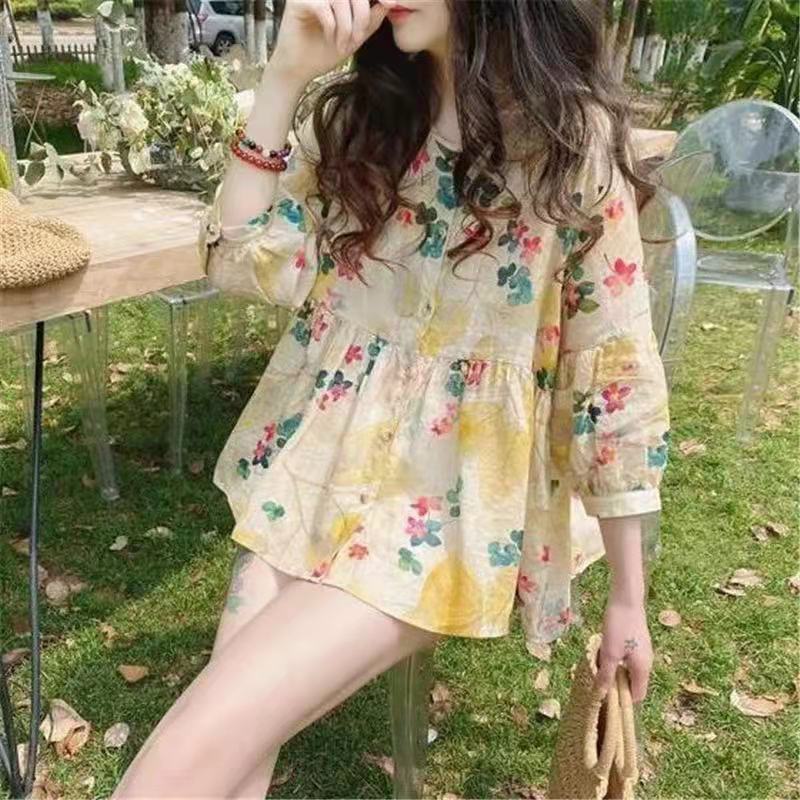 Женская Цветочная Рубашка Корейская Версия Свободная Для Поездок на Работу Милая Цветочная Рубашка Рубашка со Средним Рукавом S