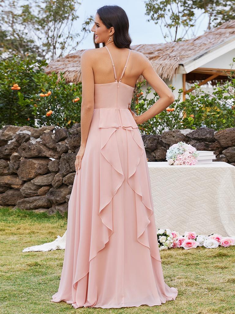 Ever-Pretty Women's Elegant Belly Collar Halter Neck Spaghetti Straps Chiffon Bridesmaid Dresses with Back Lotus Leaf Stream