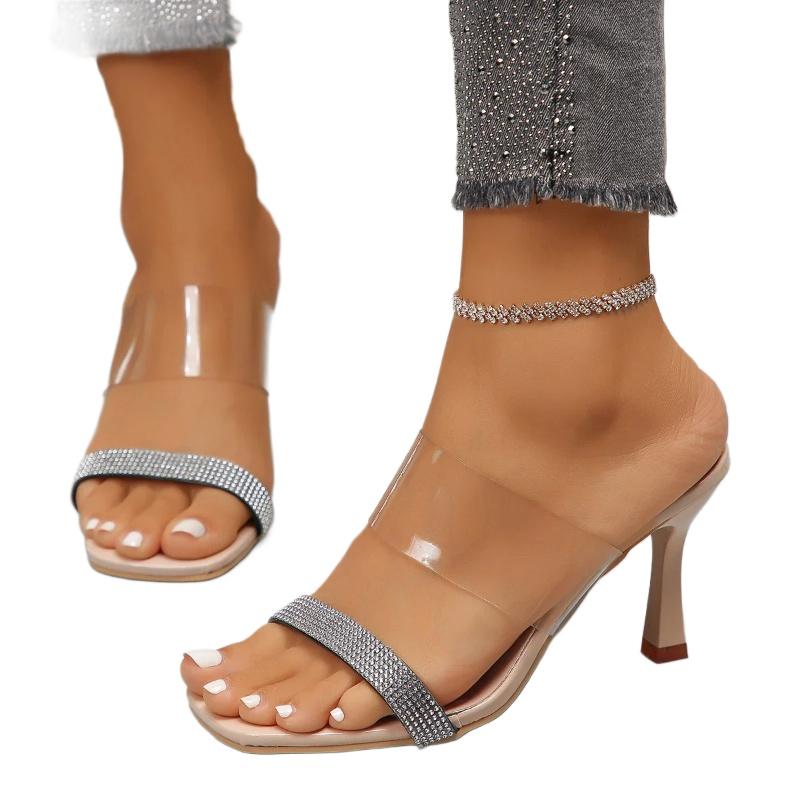 Summer Rhinestone Transparent Sandals Feminine One-line Straps with Thick Heels High Heels for Outer Wear Sandals and Slippers