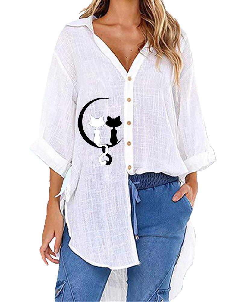 Women Fashion Half Sleeve Blouse Casual Cat Print Top Ladies V-neck Loose Long T-shirt